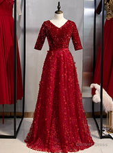 A-Line Burgundy Lace Sequins V-neck Short Sleeve Prom Dress